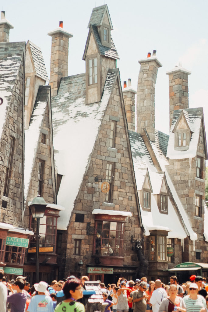 Snow-topped rooftops in Hogsmeade Village