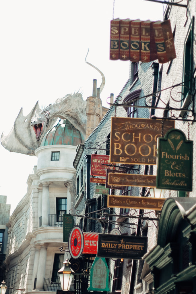 Closeup of dragon and Flourish & Blotts sign at the Wizarding World of Harry Potter